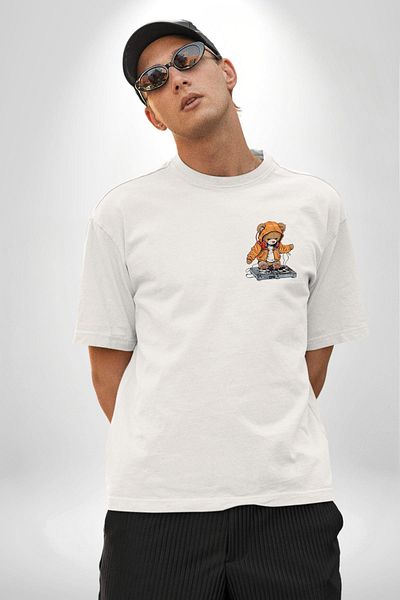 Angemiel Dj Teddy Bear Music Themed Hooded Teddy White Oversize Women's Men's Front Minimal Printed T-Shirt
