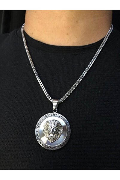 vogutima jewelery&silver by timuçin mavili Lion Head Greek Patterned White Color Steel Necklace in Illuminated Box • for Lover • for Spouse • for Father • for Friend
