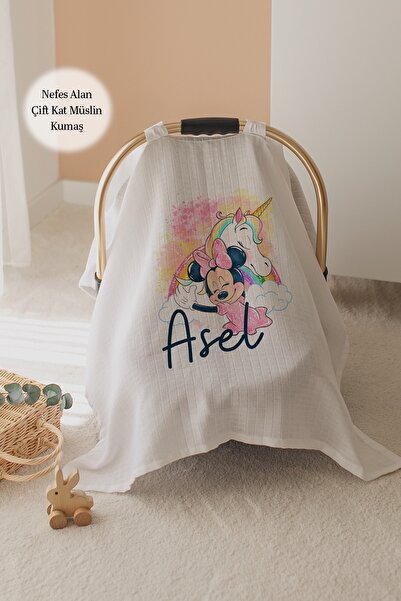 Lilabio %100 Pamuk İsme Özel Çift Katlı Müslin Puset Örtüsü - Minnie Mouse