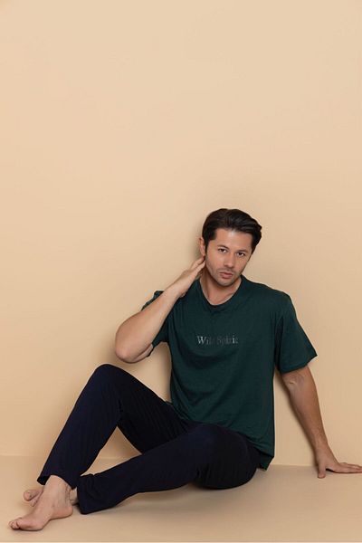 trdpodyum Men's Short Sleeve Pocketed Combed Cotton Pajama Set