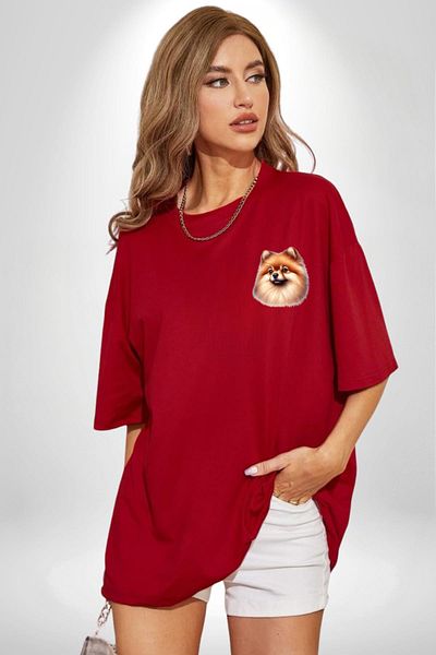 Angemiel تي شيرت Pomeranian لطيف وشعبي بتصميم كلب أحمر كبير الحجم للنساء والرجال مطبوع من الأمام
