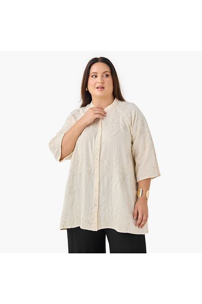 Ulla Popken Plus Size Ulla Popken Embroidered Shirt with 3/4 Sleeves
