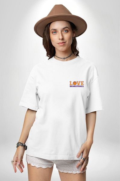Angemiel Basketball Ball with Love Love Written White Oversize Women's Men's Front Minimal Printed T-Shirt