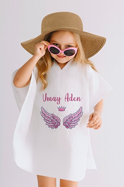 Lilabio İsme Özel %100 Pamuk Müslin Kapüşonlu Kız Çocuk Panço Bornoz Kanat