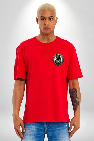 Angemiel Bastet Goddess Sacred Cat Ancient Egypt Red Oversize Women Men Front Minimal Printed T-Shirt
