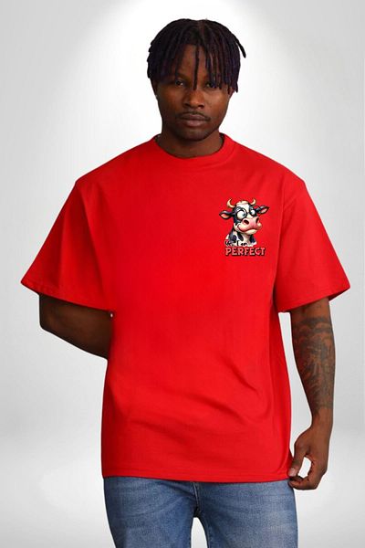 Angemiel Fun Cow Pattern Red Oversize Women's Men's Front Minimal Printed T-Shirt