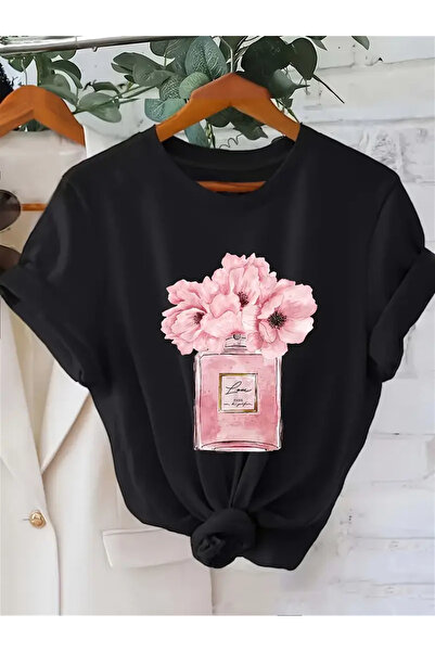 AZIZI TEKSTIL Μπλουζάκι με στάμπα παιώνιας και μπουκαλιού αρώματος, κοντομάνι...