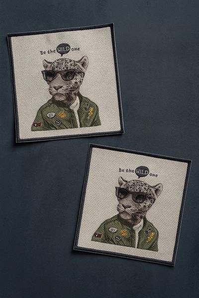 Evdek Pack of 2 Digital Printed Cocktail Napkins with Embroidery Detail Ds18