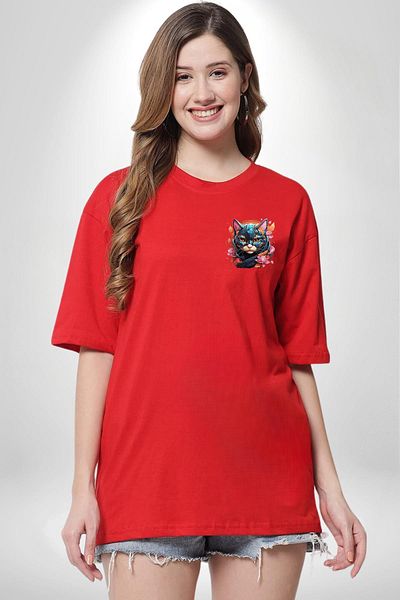 Angemiel Robotic Cat Cyberpunk Cyber Cat Red Oversize Women Men Front Minimal Printed T-Shirt