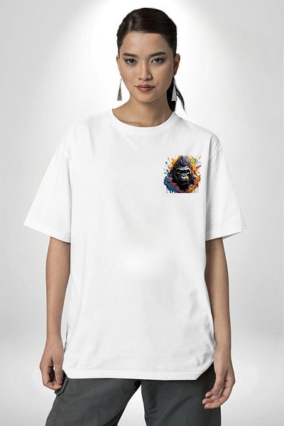 Angemiel Gorilla Design White Oversize Women's Men's Front Minimal Printed T-Shirt with Vibrant Colors