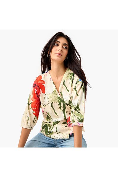 Iconic Floral Print Wrap Top with Tie-Up