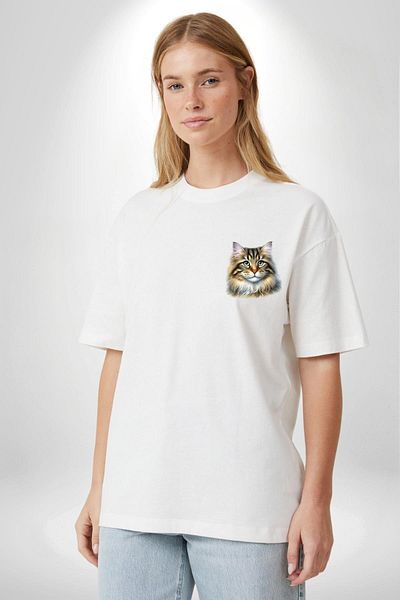 Angemiel Siberian Cat Design White Oversize Women's Men's Front Minimal Printed T-Shirt