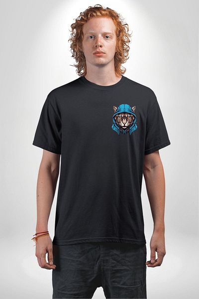 Angemiel Cyber ​​Cat Digital Tiger Eye Black Oversize Women's Men's Front Minimal Printed T-Shirt