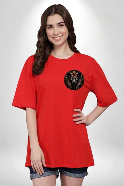 Angemiel Menhit Goddess of War, Protection and Hunting Red Oversize Women's Men's Front Minimal Printed T-Shirt