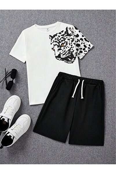 ROYAL FASHİON Παιδικό σετ με στάμπα τίγρης, λευκό επάνω μέρος και μαύρο κάτω ...