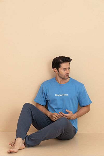 trdpodyum Men's Short Sleeve Pocketed Combed Cotton Pajama Set