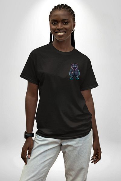 Angemiel Bright Neon Detailed Night Style Teddy Bear Black Oversize Women's Men's Front Minimal Printed T-Shirt