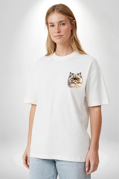 Angemiel Sophisticated and Noble Royal Cat White Oversize Women's Men's Front Minimal Printed T-Shirt