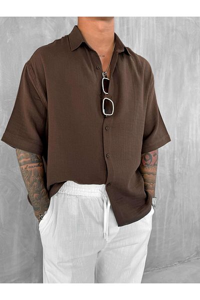 ablukaonline Мъжка риза с къс ръкав Oversize, кафява