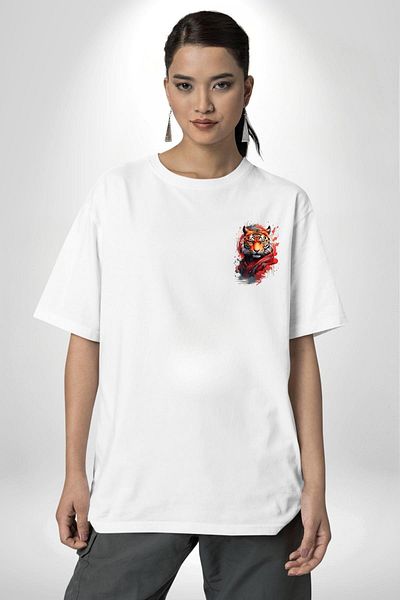 Angemiel Modern Asian Inspired Tiger Design White Oversize Women's Men's Front Minimal Printed T-Shirt