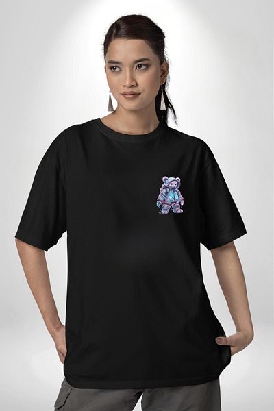 Angemiel Digital Dreamer Teddy Bear Futuristic Black Oversize Women's Men's Front Minimal Printed T-Shirt