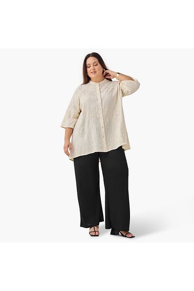 Ulla Popken Plus Size Ulla Popken Embroidered Shirt with 3/4 Sleeves