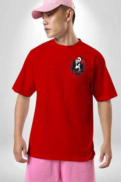 Angemiel Horror and Romance Themed Jack & Sally Red Oversize Women's Men's Front Minimal Printed T-Shirt