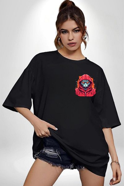 Angemiel Red Hooded Cat  Style Black Oversize Women's Men's Front Minimal Printed T-Shirt