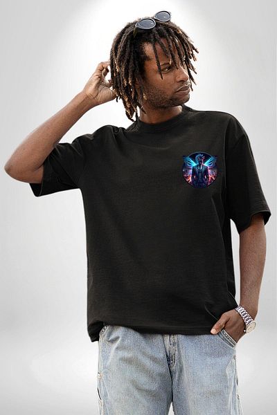 Angemiel Blue Neon Winged Suit Tie Black Oversize Women Men Front Minimal Printed T-Shirt