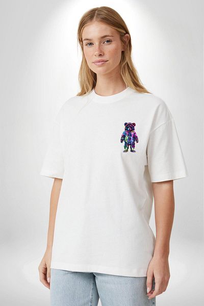 Angemiel Neon Lights Revived Teddy Bear White Oversize Women's Men's Front Minimal Printed T-Shirt