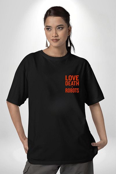 Angemiel Love, Death & Robots Black Oversize Women's Men's Front Minimal Printed T-Shirt