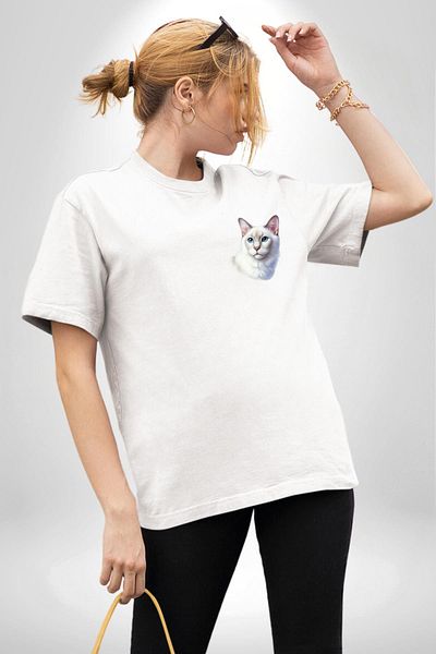 Angemiel Ragdoll Cat White Oversize Women's Men's Front Minimal Printed T-Shirt
