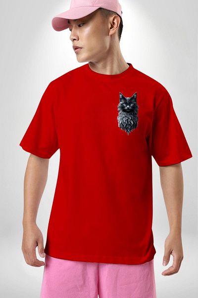 Angemiel Gothic Spirit Nature and Cat Red Oversize Women's Men's Front Minimal Printed T-Shirt