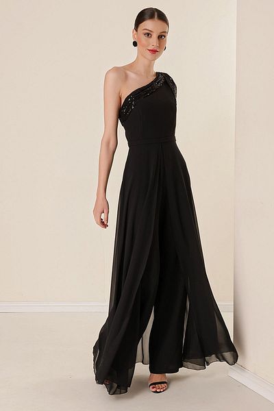 By Saygı Women's Pulpayet Collar One Shoulder Top Chiffon Crepe Jumpsuit