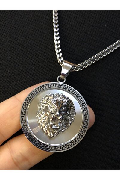 vogutima jewelery&silver by timuçin mavili Lion Head Greek Patterned White Color Steel Necklace in Illuminated Box • for Lover • for Spouse • for Father • for Friend