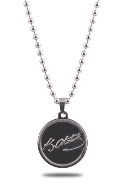 vogutima jewelery&silver by timuçin mavili Men's Women's Steel Necklace - Ataturk Signed Round • Chain for Lover • Wife • Father • Friend