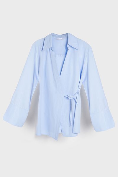 its basic Cămașă pentru femei, culoare albastru bebeluș, s5-103, cu legare laterală, maxi, lungă, supradimensionată, 100% bumbac