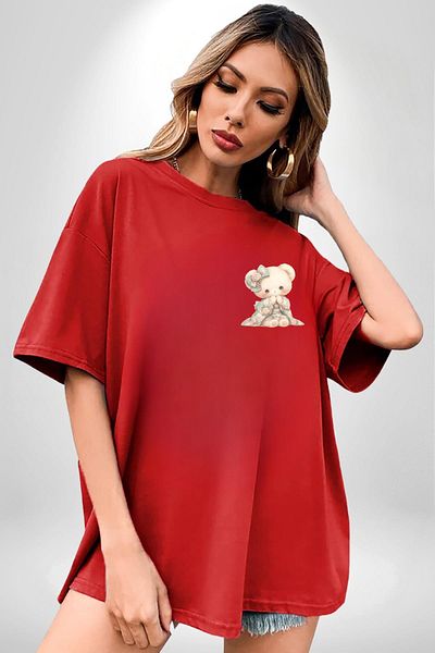 Angemiel Nostalgic Cute Teddy Bear in Pastel Tones Red Oversize Women's Men's Front Minimal Printed T-Shirt