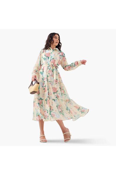 2Xtremz Floral Print Midi Shirt Dress