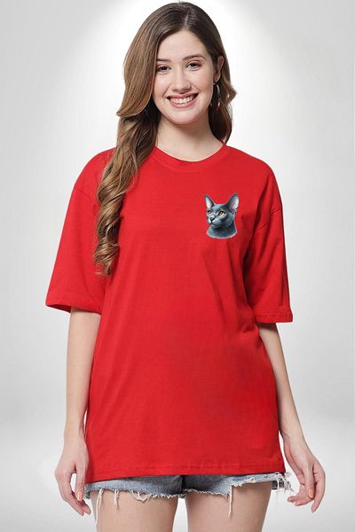 Angemiel Blue Russian Cat Red Oversize Women's Men's Front Minimal Printed T-Shirt