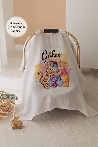 Lilabio %100 Pamuk İsme Özel Çift Katlı Müslin Puset Örtüsü - Winnie the Pooh