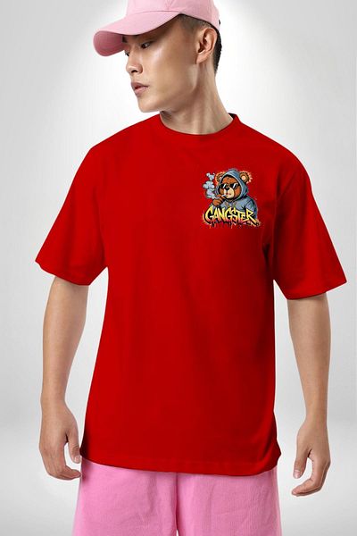 Angemiel تي شيرت Gangster Bear Hoodie Bear Teddy Red كبير الحجم للنساء والرجال مطبوع من الأمام