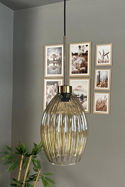 Bamyum Yolza Cam Bal Rengi Tekli Avize İnce Eskitme Başlık Retro Sarkıt Lamba Salon Aydınlatma