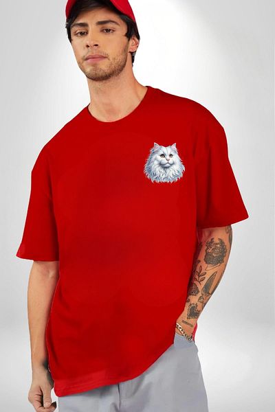 Angemiel Red Persian Cat Red Oversize Women's Men's Front Minimal Printed T-Shirt