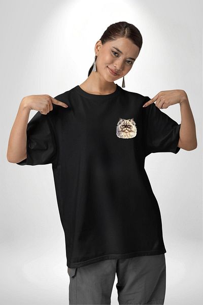 Angemiel Sophisticated and Noble Royal Cat Black Oversize Women's Men's Front Minimal Printed T-Shirt