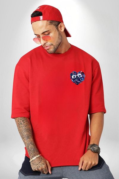 Angemiel Anemone Flower Blue and Purple Heart Flower Patterned Red Oversize Women's Men's Front Minimal Printed T-Shirt