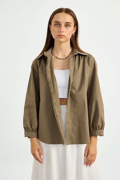 Birgül Bektaş Khaki Gathered Poplin Shirt