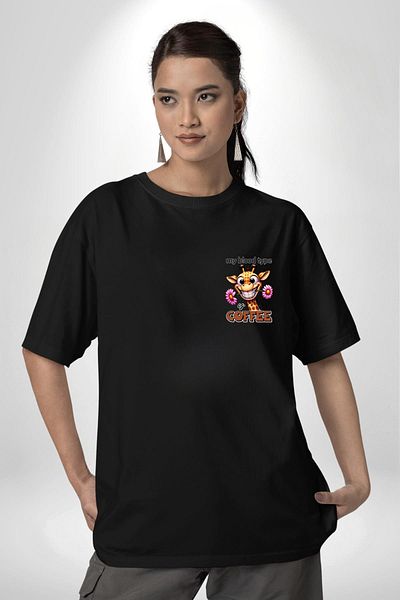 Angemiel Coffee Passion Love Giraffe Flower Black Oversize Women Men Front Minimal Printed T-Shirt