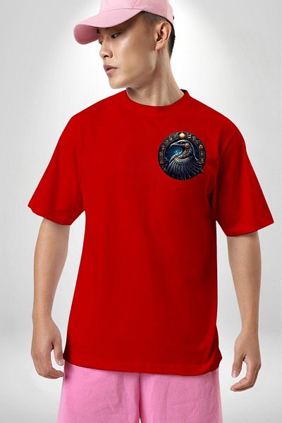 Angemiel Egyptian God Rebirth, Creation Bennu Red Oversize Women's Men's Front Minimal Printed T-Shirt