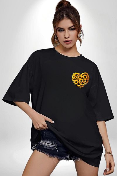Angemiel Special Design Heart Spring Black Oversize Women's Men's Front Minimal Printed T-Shirt with Sunflower
